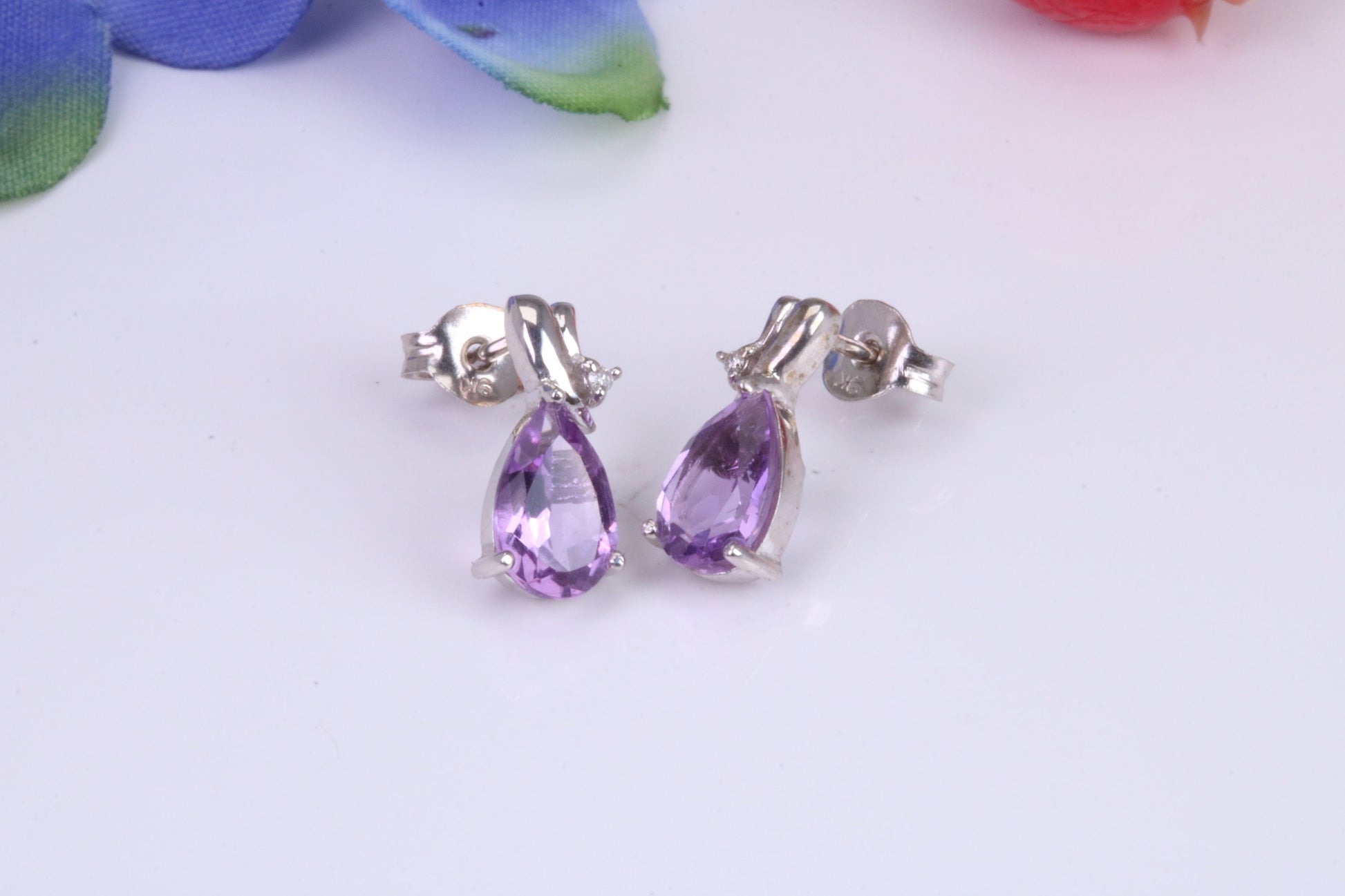 Amethyst and Diamond set Dropper Stud Earrings, Made from Solid White Gold