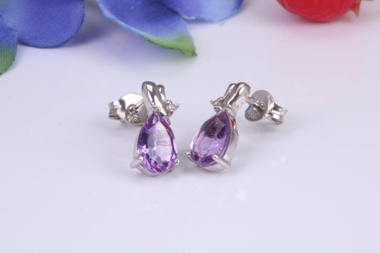Amethyst and Diamond set Dropper Stud Earrings, Made from Solid White Gold