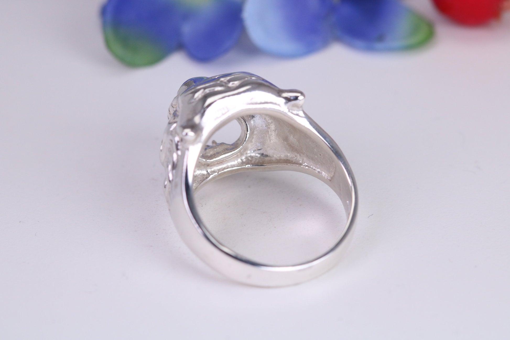 Very large and heavy Bulls head ring, made from solid cast silver, British Hallmarked