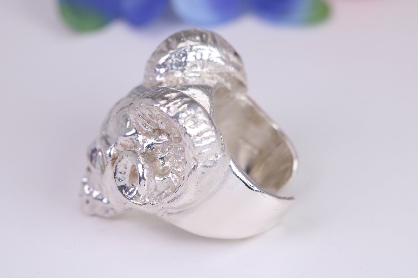 Very large and heavy Ram Skull head ring, made from solid cast silver, British Hallmarked