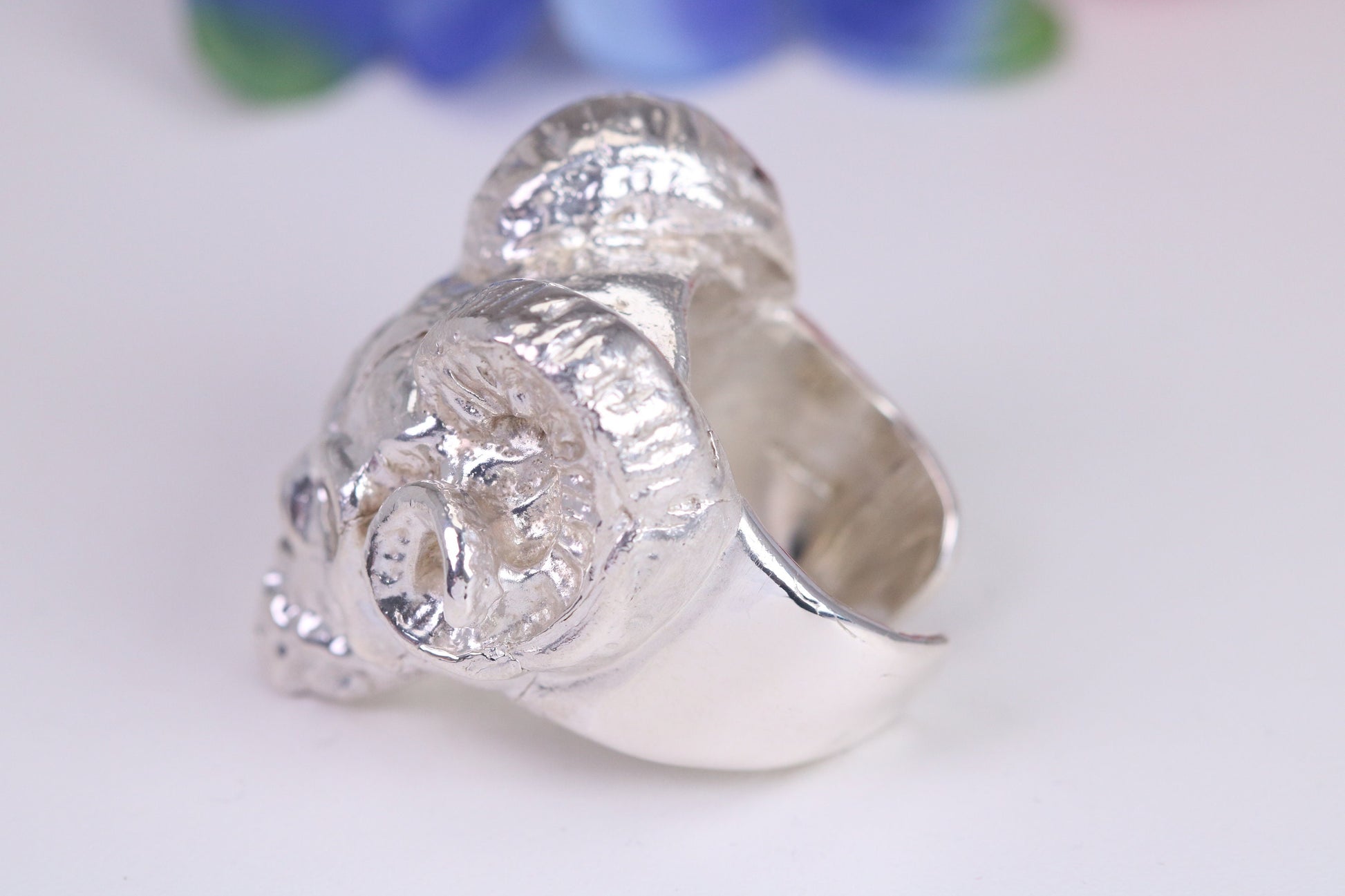 Very large and heavy Ram Skull head ring, made from solid cast silver, British Hallmarked