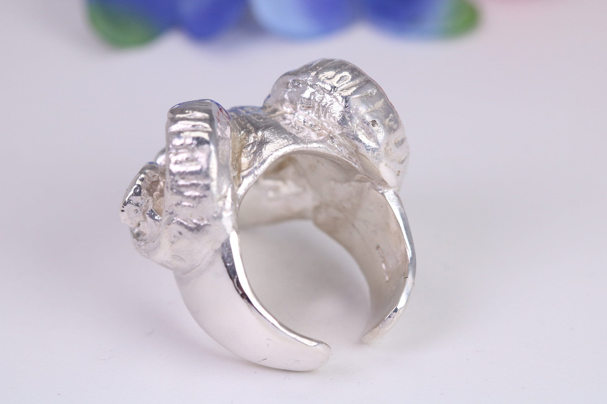 Very large and heavy Ram Skull head ring, made from solid cast silver, British Hallmarked
