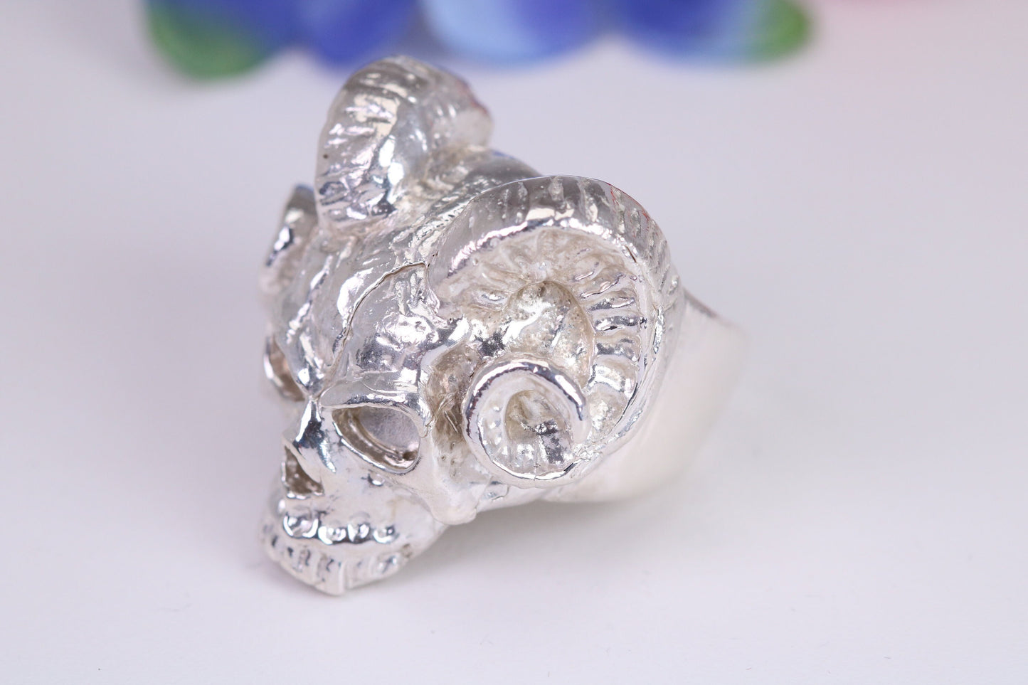 Very large and heavy Ram Skull head ring, made from solid cast silver, British Hallmarked