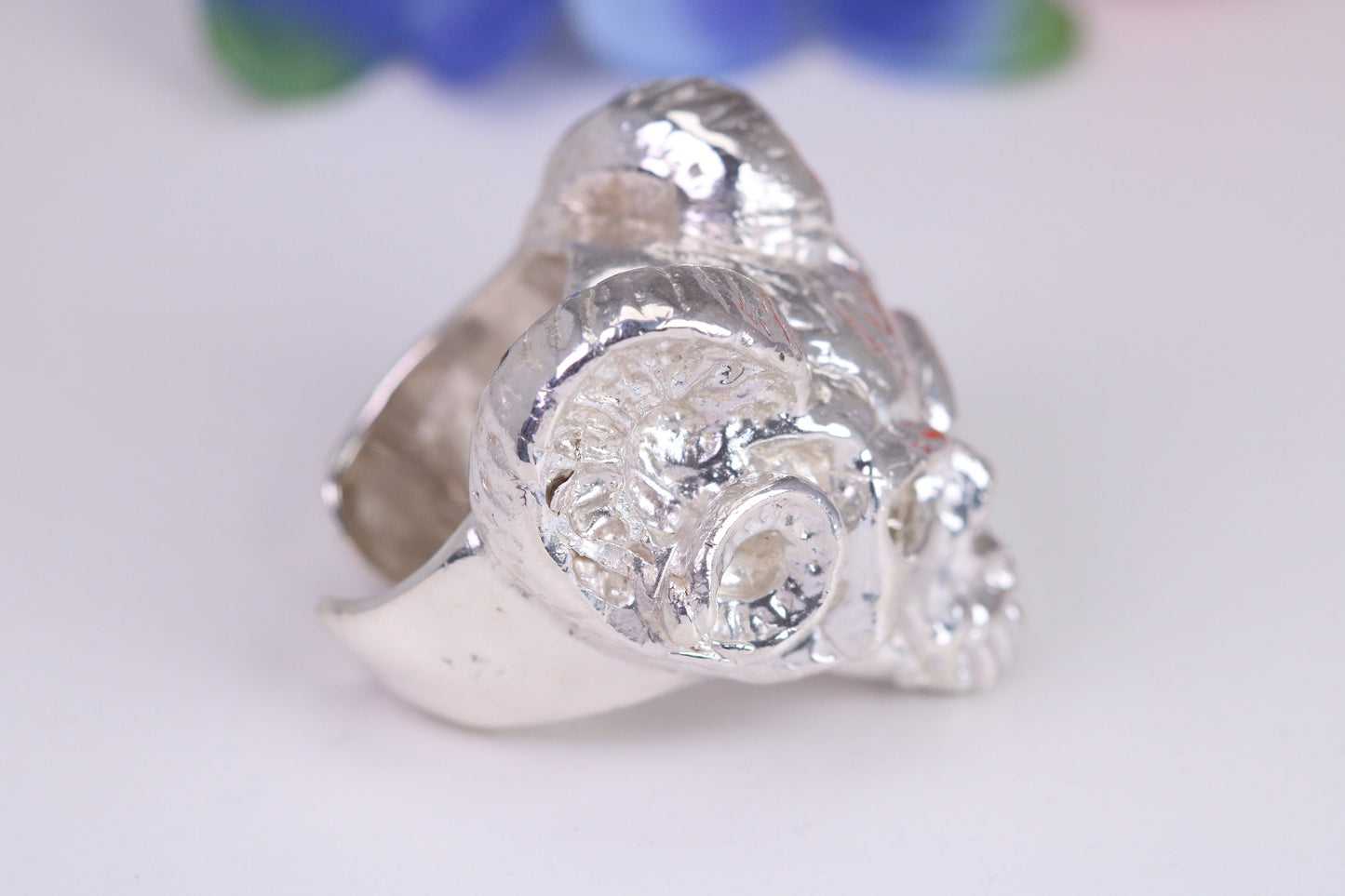 Very large and heavy Ram Skull head ring, made from solid cast silver, British Hallmarked