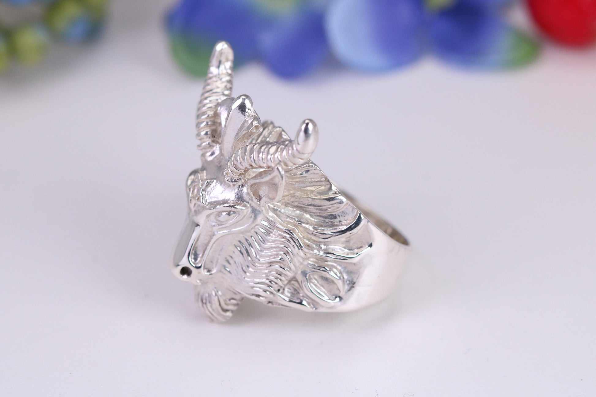 Very large and heavy Rams head ring, made from solid cast silver, British Hallmarked