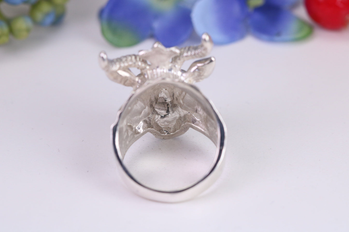 Very large and heavy Rams head ring, made from solid cast silver, British Hallmarked