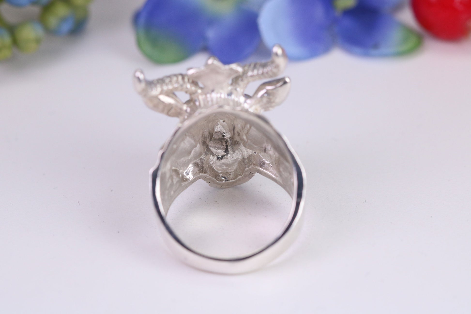 Very large and heavy Rams head ring, made from solid cast silver, British Hallmarked