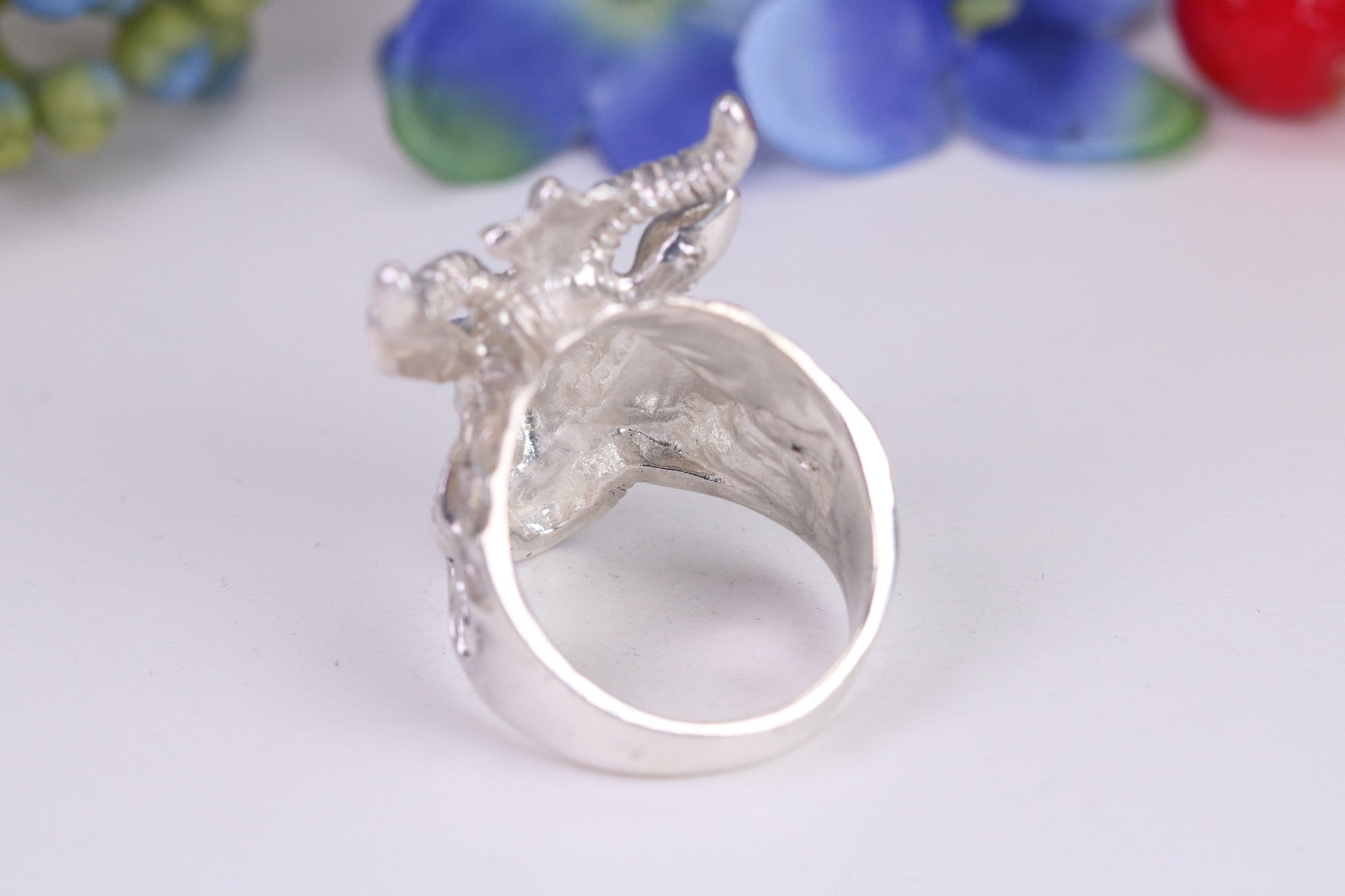 Very large and heavy Rams head ring, made from solid cast silver, British Hallmarked
