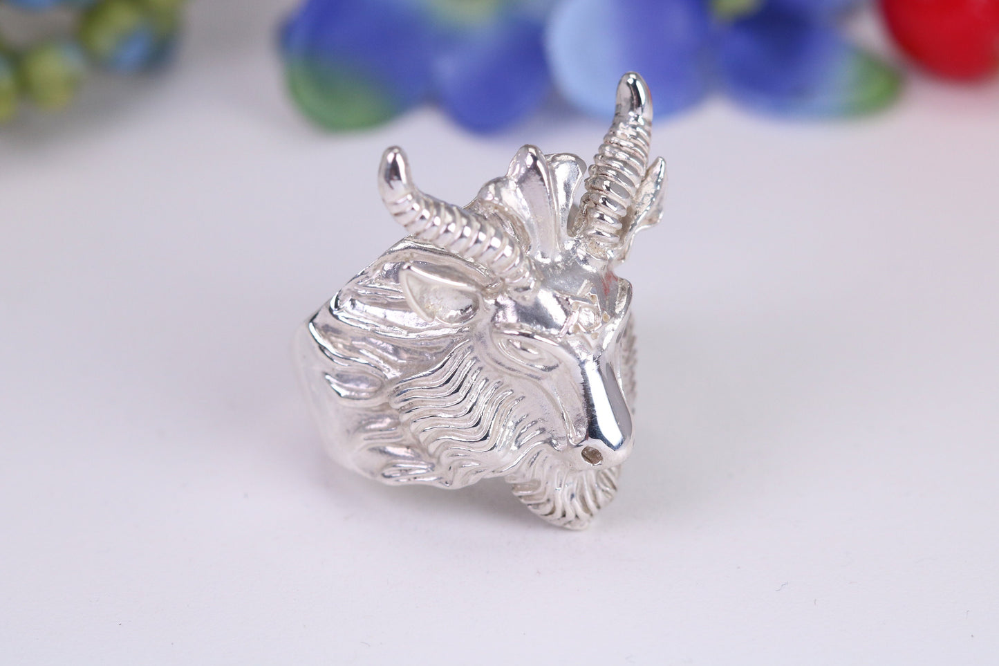 Very large and heavy Rams head ring, made from solid cast silver, British Hallmarked