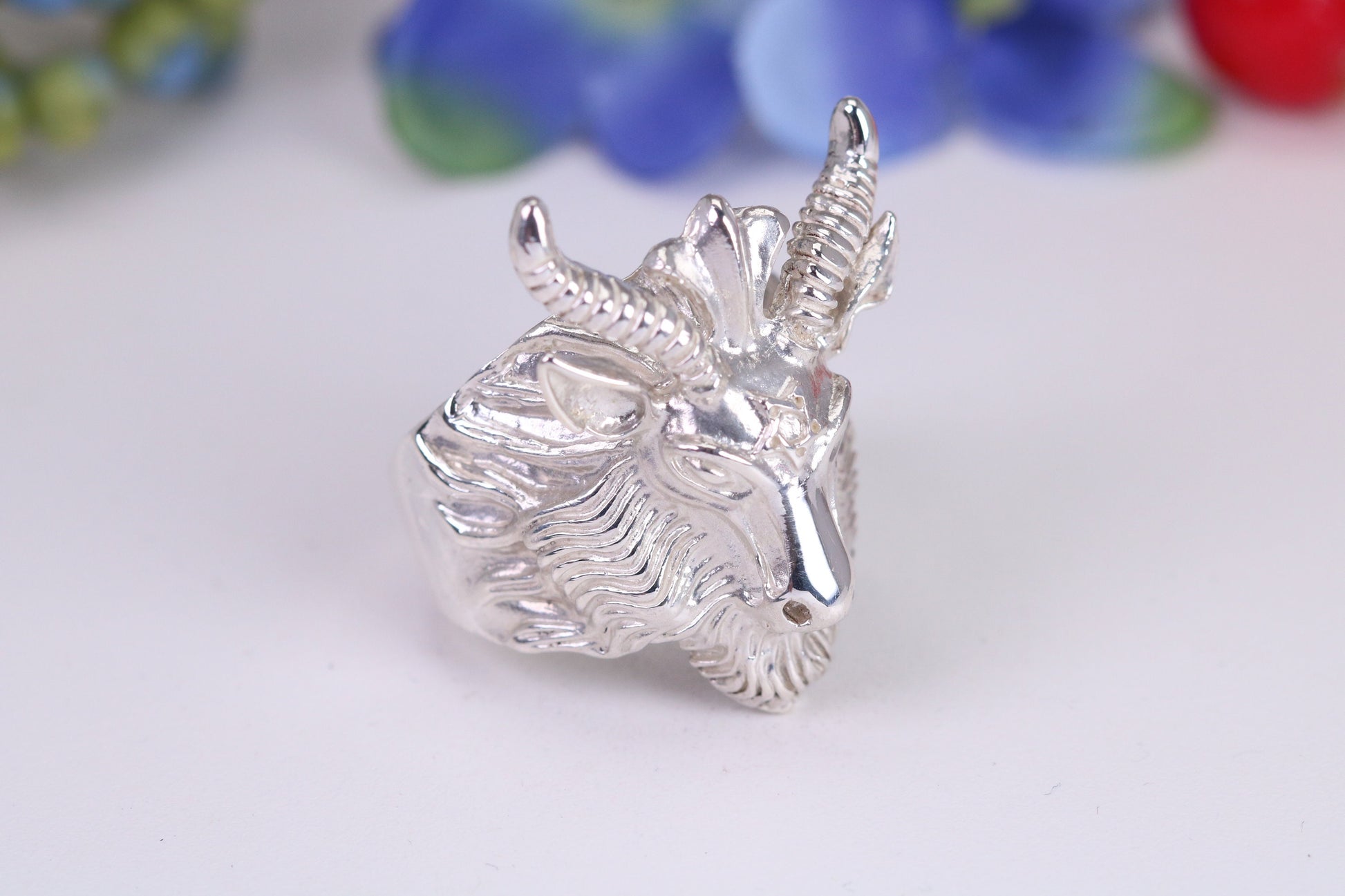 Very large and heavy Rams head ring, made from solid cast silver, British Hallmarked