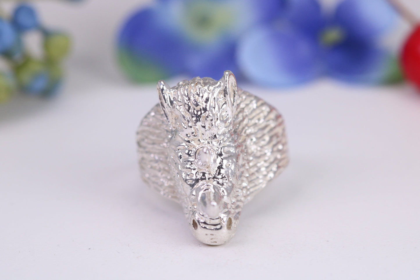 Very large and heavy Rhinoceros head ring, made from solid cast silver, British Hallmarked