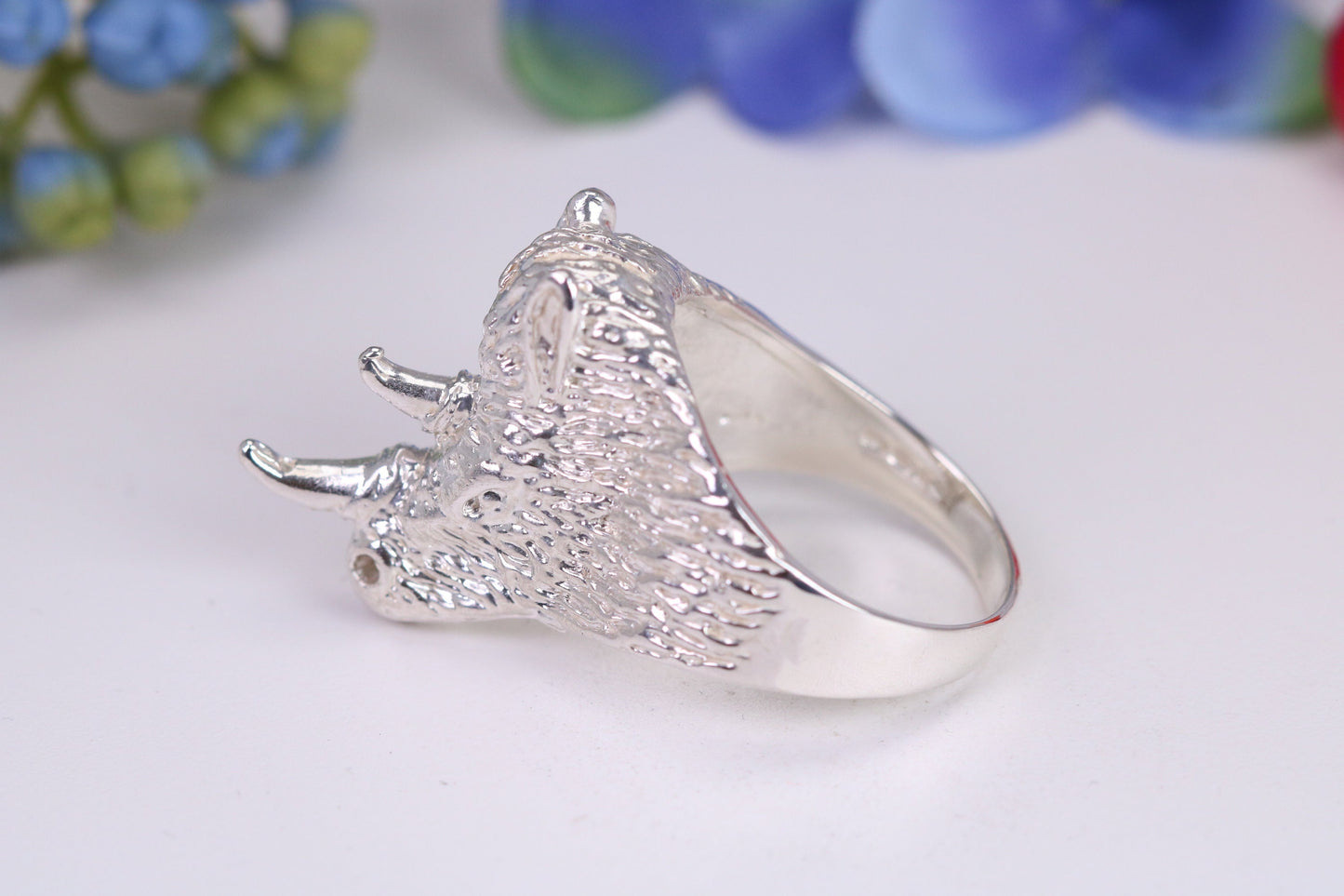Very large and heavy Rhinoceros head ring, made from solid cast silver, British Hallmarked