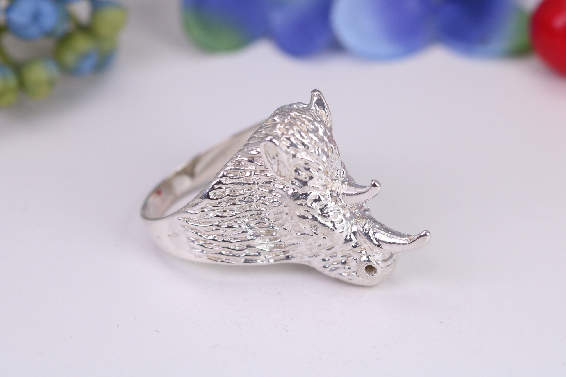 Very large and heavy Rhinoceros head ring, made from solid cast silver, British Hallmarked