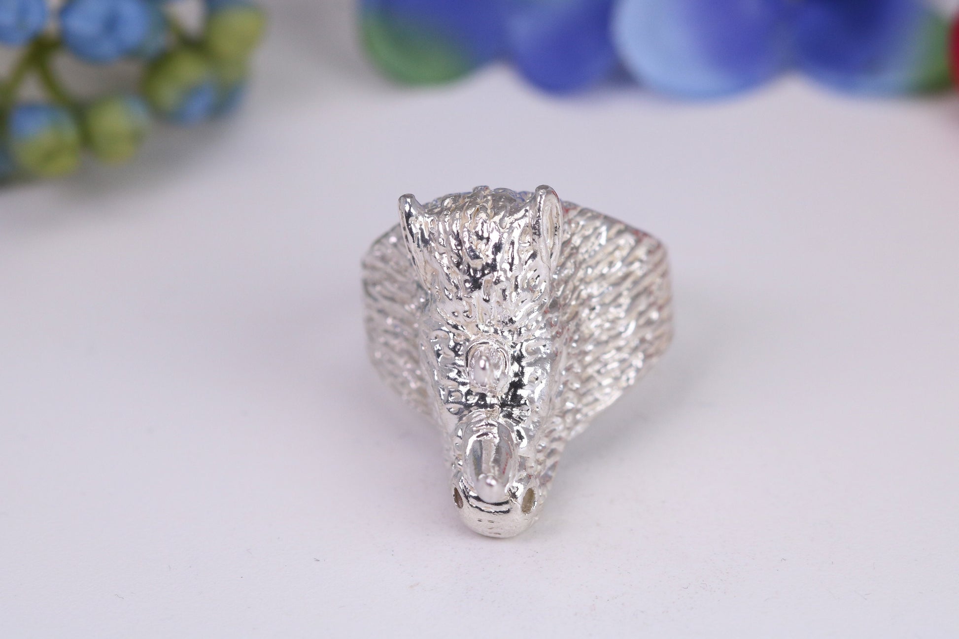 Very large and heavy Rhinoceros head ring, made from solid cast silver, British Hallmarked