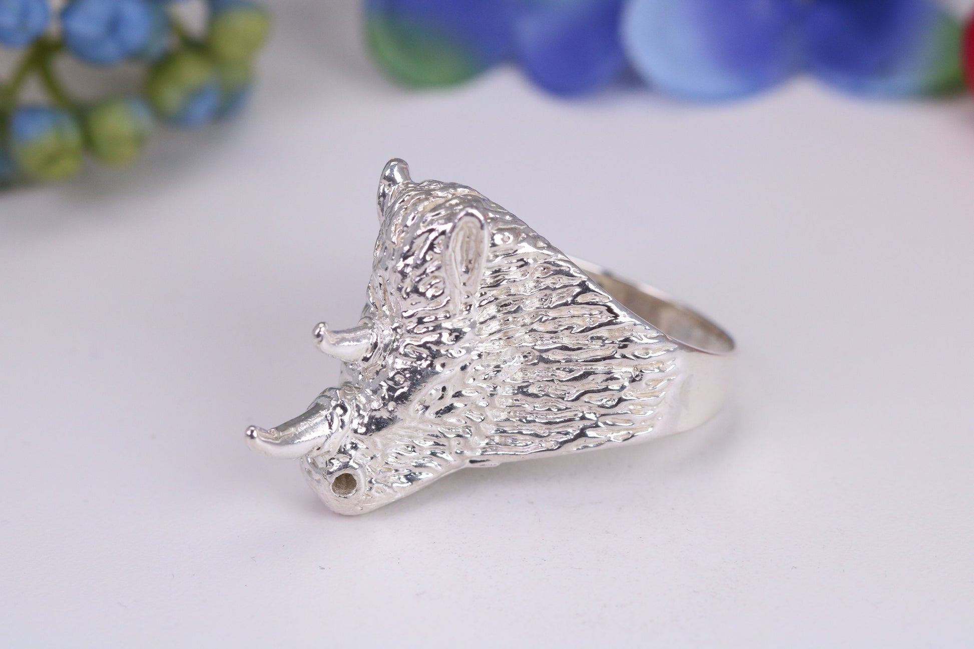 Very large and heavy Rhinoceros head ring, made from solid cast silver, British Hallmarked
