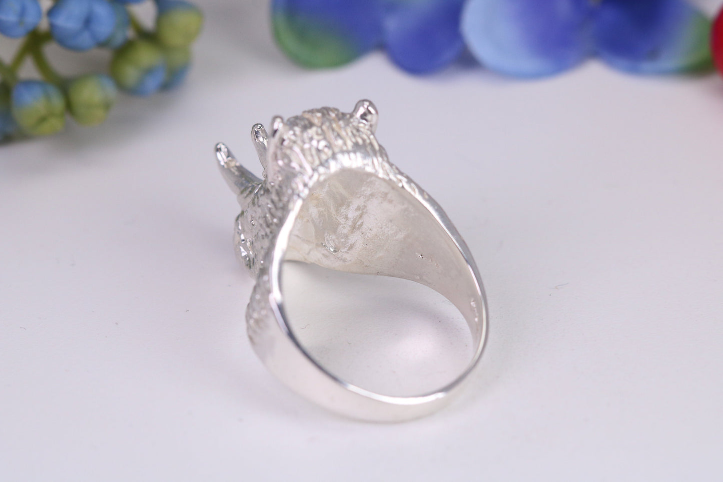 Very large and heavy Rhinoceros head ring, made from solid cast silver, British Hallmarked
