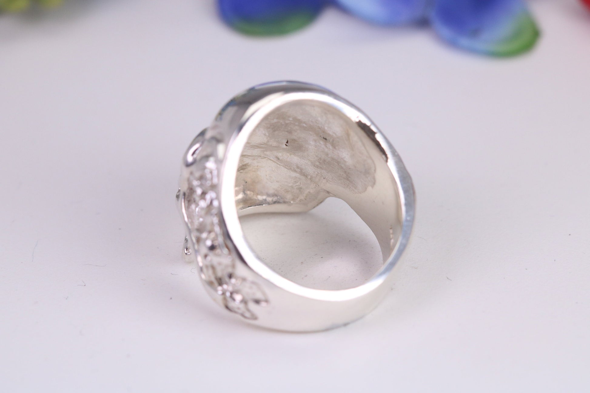 Very large detailed Skull ring, made from solid cast silver, British Hallmarked