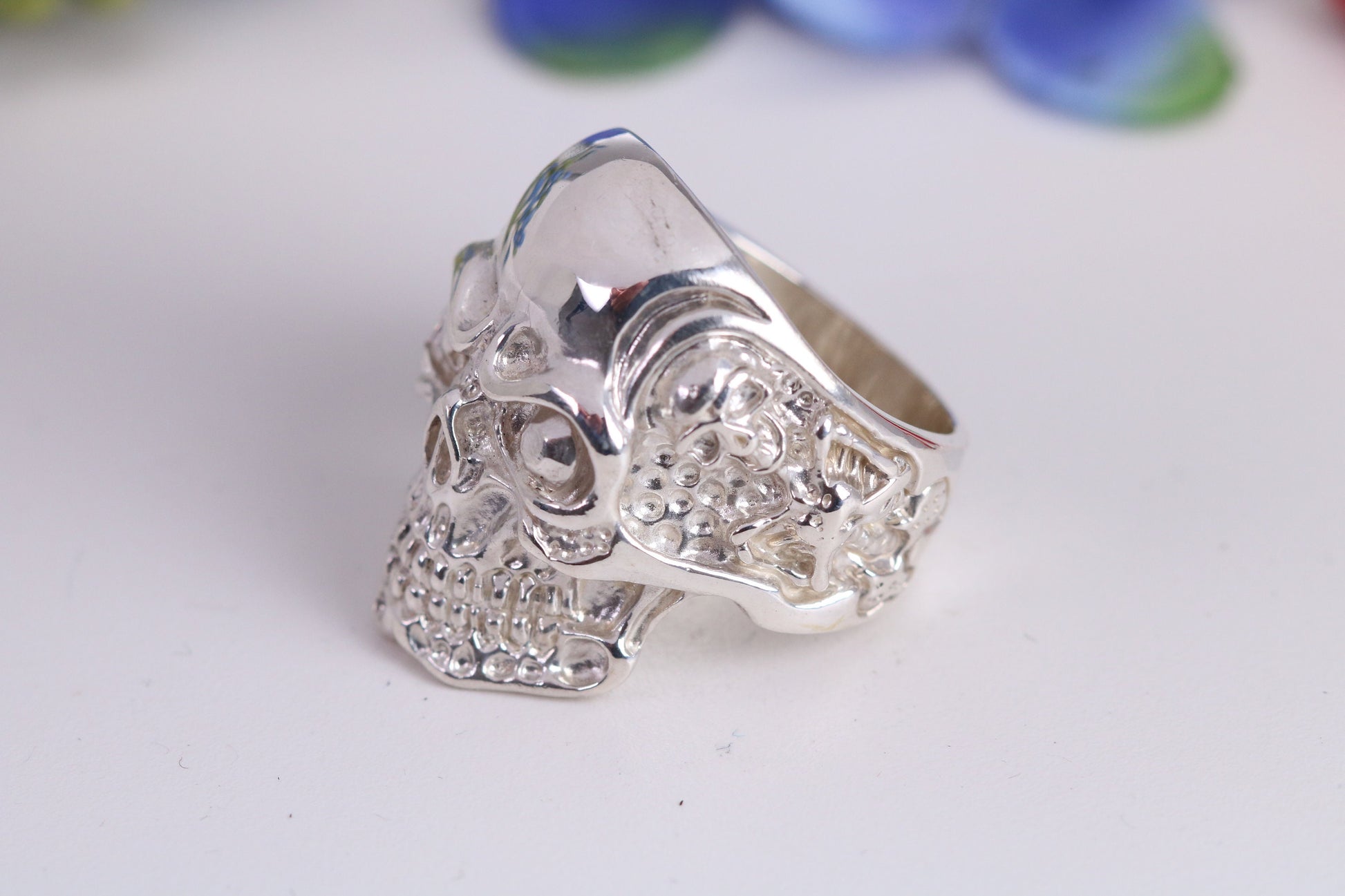 Very large detailed Skull ring, made from solid cast silver, British Hallmarked