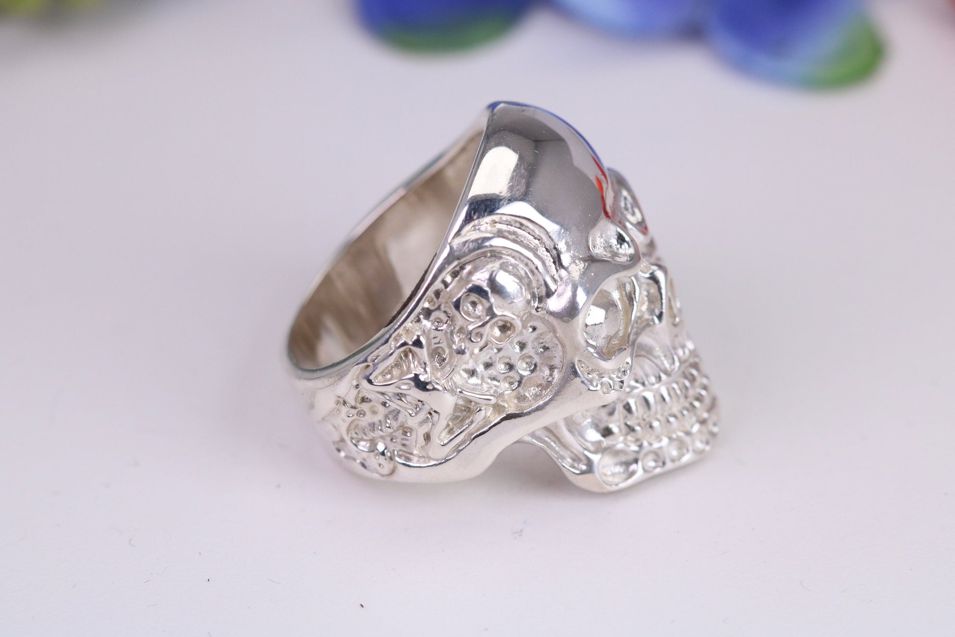 Very large detailed Skull ring, made from solid cast silver, British Hallmarked