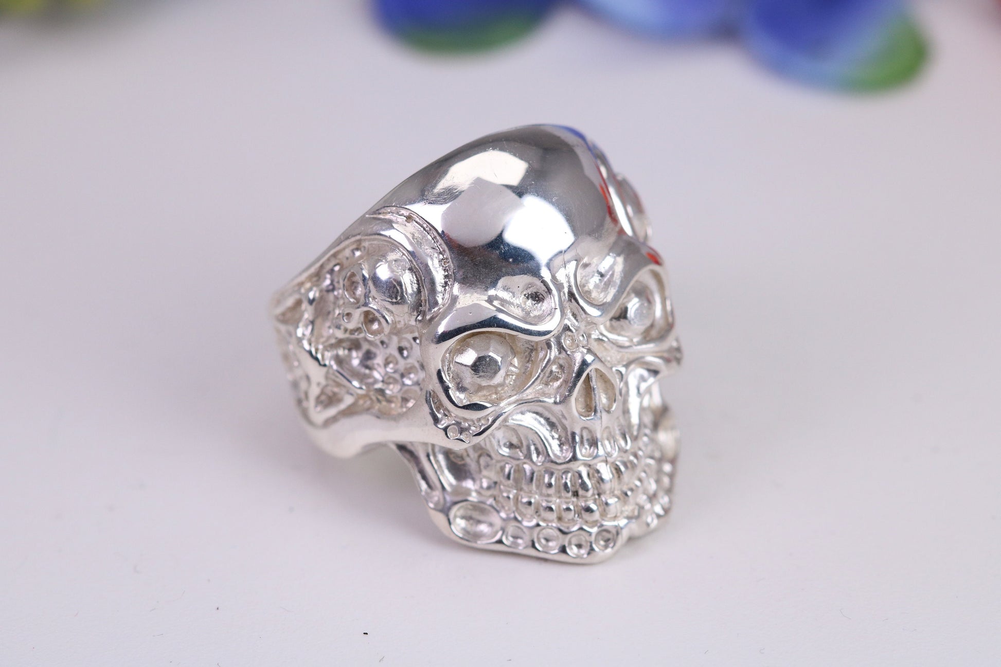 Very large detailed Skull ring, made from solid cast silver, British Hallmarked