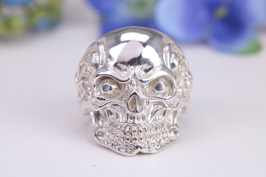 Very large detailed Skull ring, made from solid cast silver, British Hallmarked