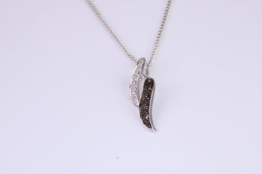 Black and White Natural Diamonds set solid White Gold Pendant with 18 inch long Chain