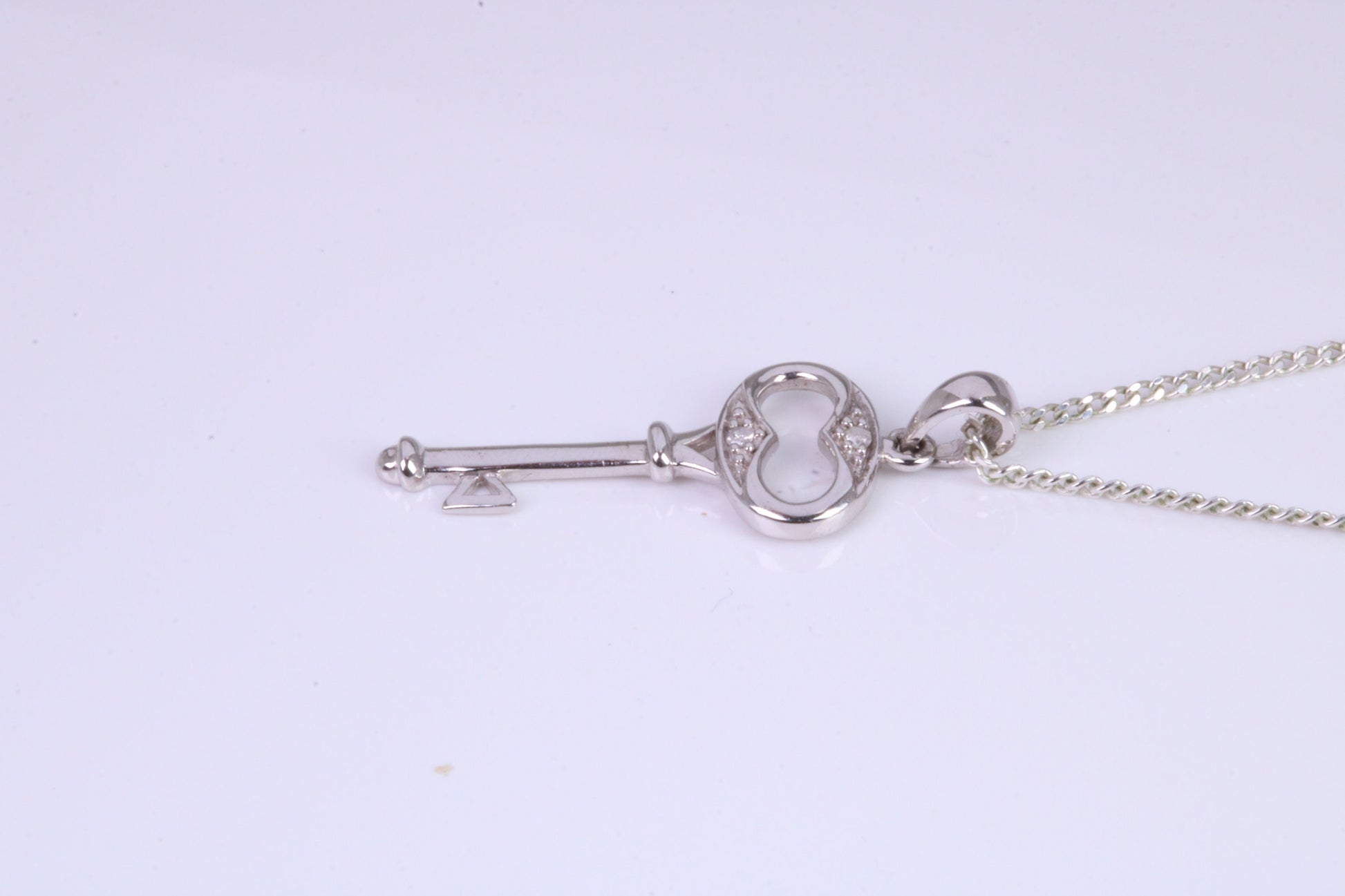 Natural Diamonds set Key Necklace, solid White Gold Pendant with 18 inch long Chain