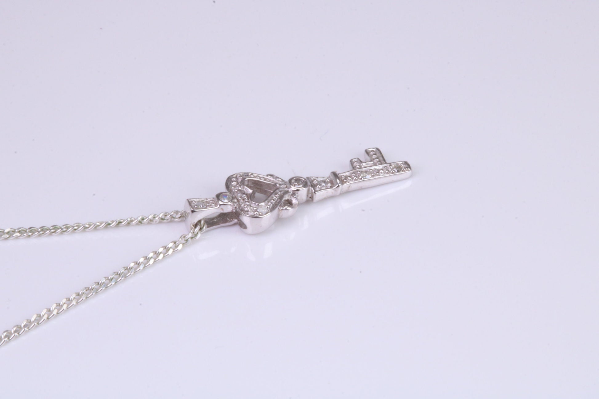 Natural Diamonds set Key Necklace, solid White Gold Pendant with 18 inch long Chain