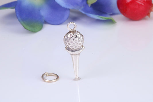 Golf Ball and Tee Charm, Traditional Charm, Made from Solid Cast 925 Grade Sterling Silver, Complete with Attachment Link