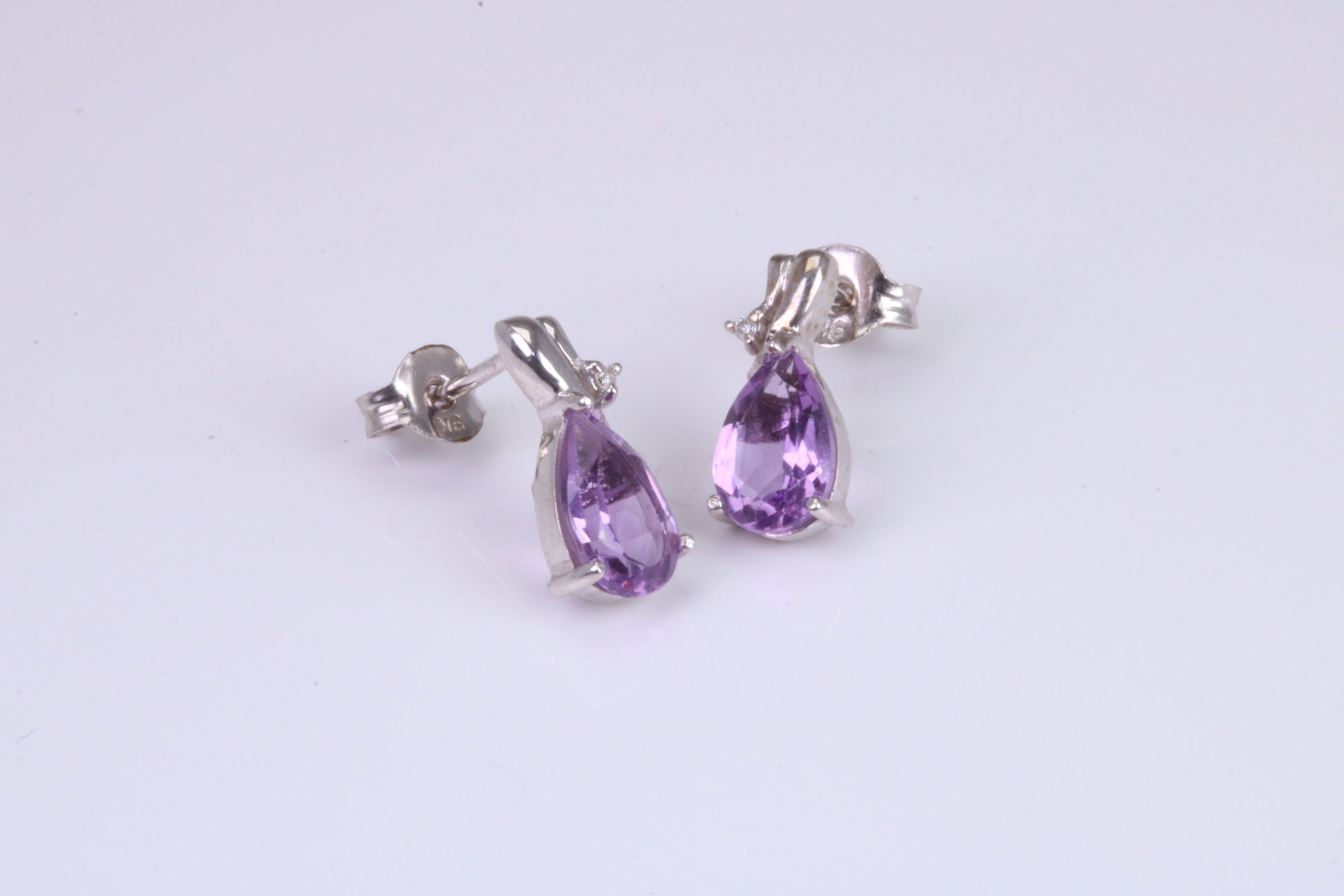 Amethyst and Diamond set Dropper Stud Earrings, Made from Solid White Gold