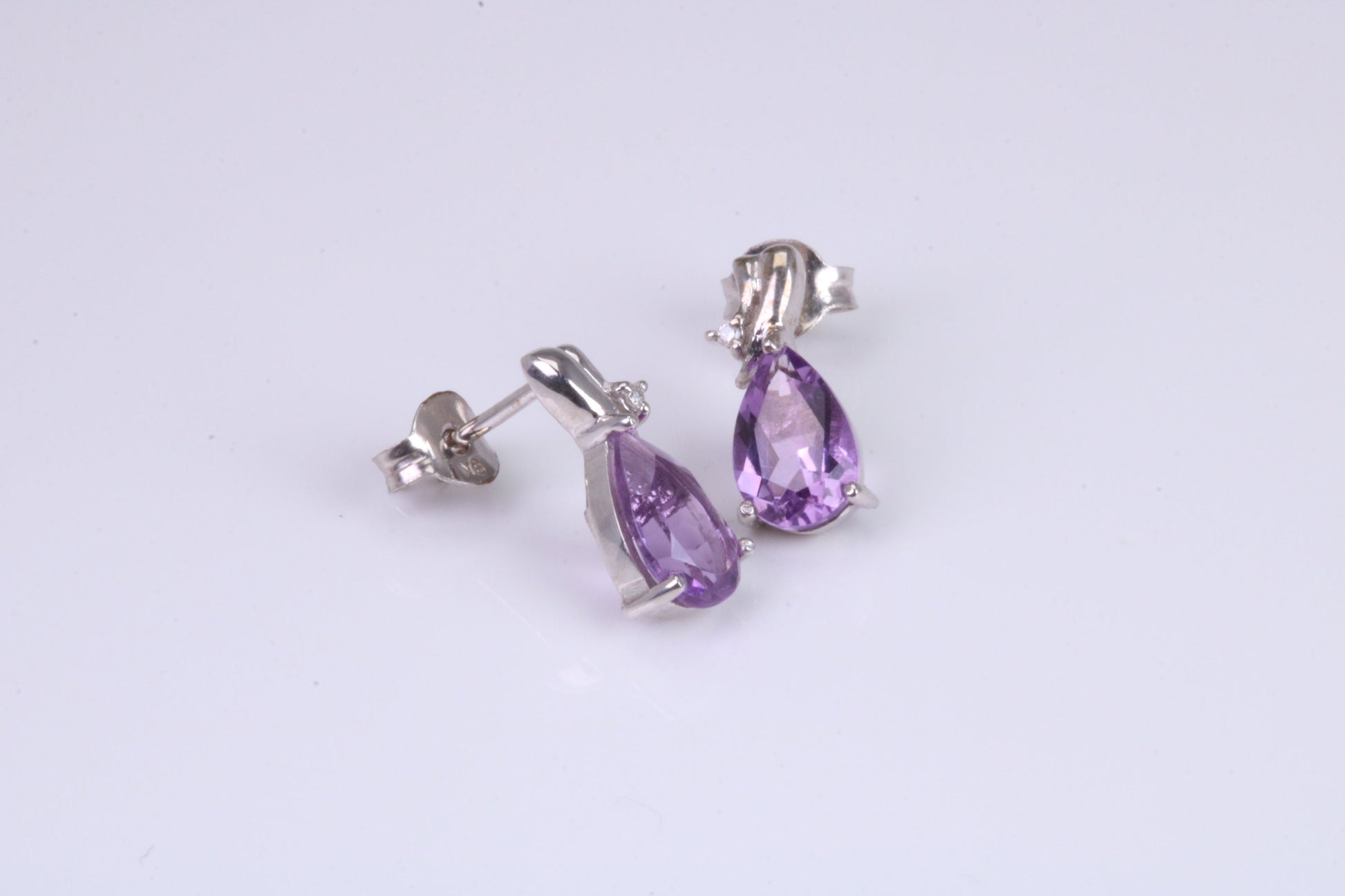 Amethyst and Diamond set Dropper Stud Earrings, Made from Solid White Gold