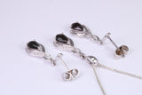Natural Sapphire and Diamonds set Stud Earrings with matching Necklace, Made from Solid White Gold, With 18 Inch Long Chain
