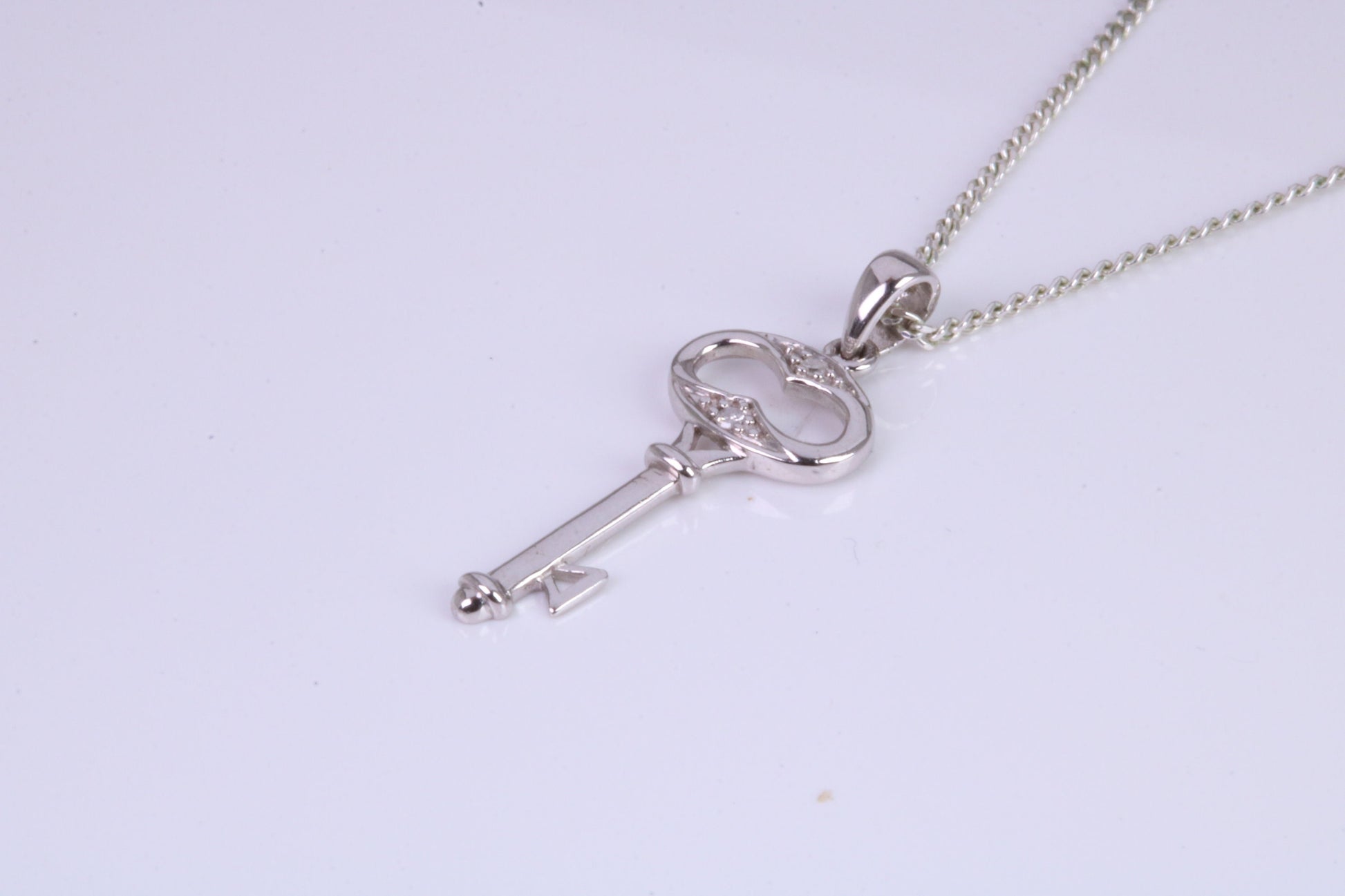 Natural Diamonds set Key Necklace, solid White Gold Pendant with 18 inch long Chain