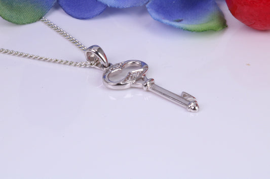 Natural Diamonds set Key Necklace, solid White Gold Pendant with 18 inch long Chain