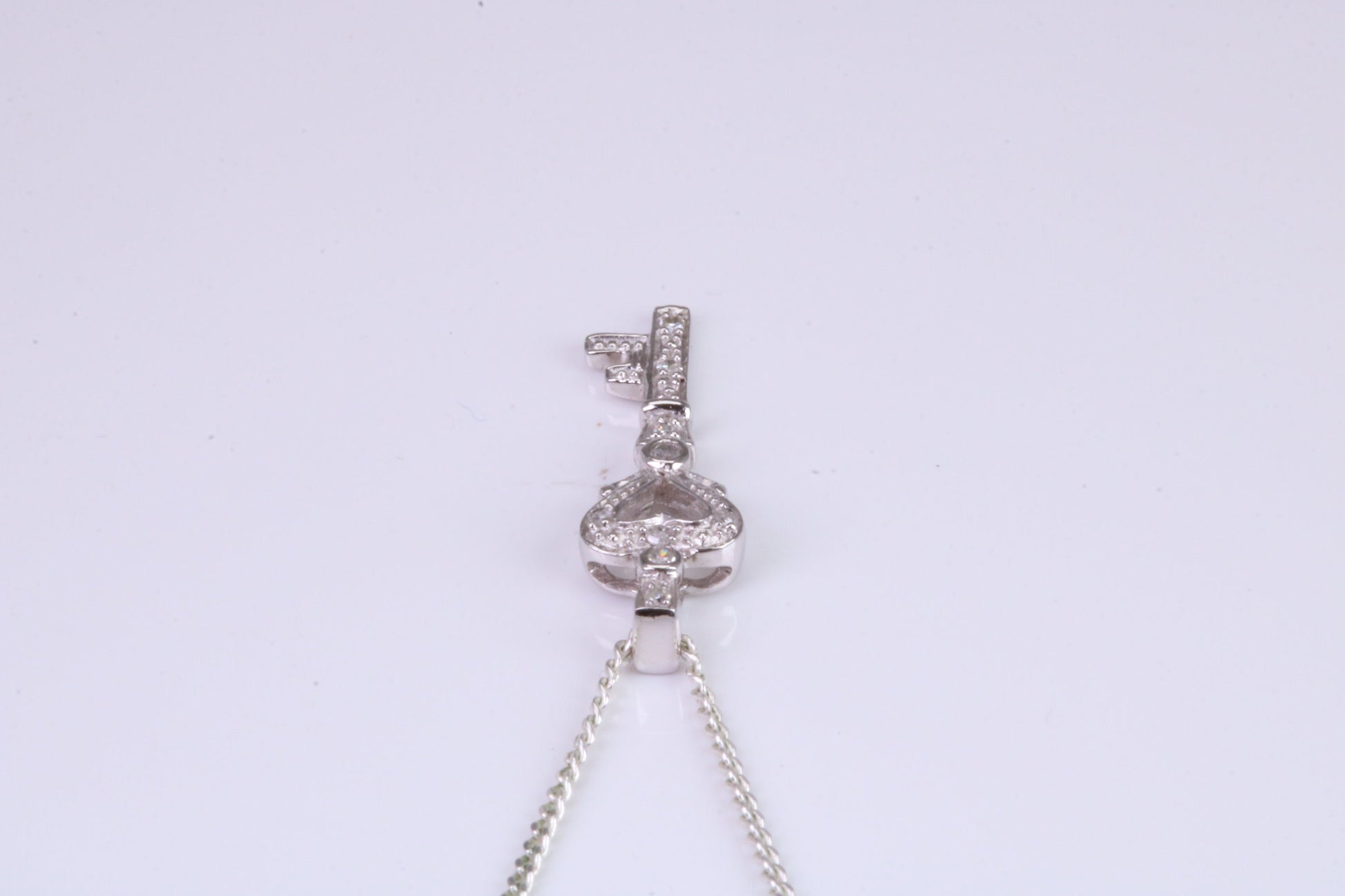 Natural Diamonds set Key Necklace, solid White Gold Pendant with 18 inch long Chain