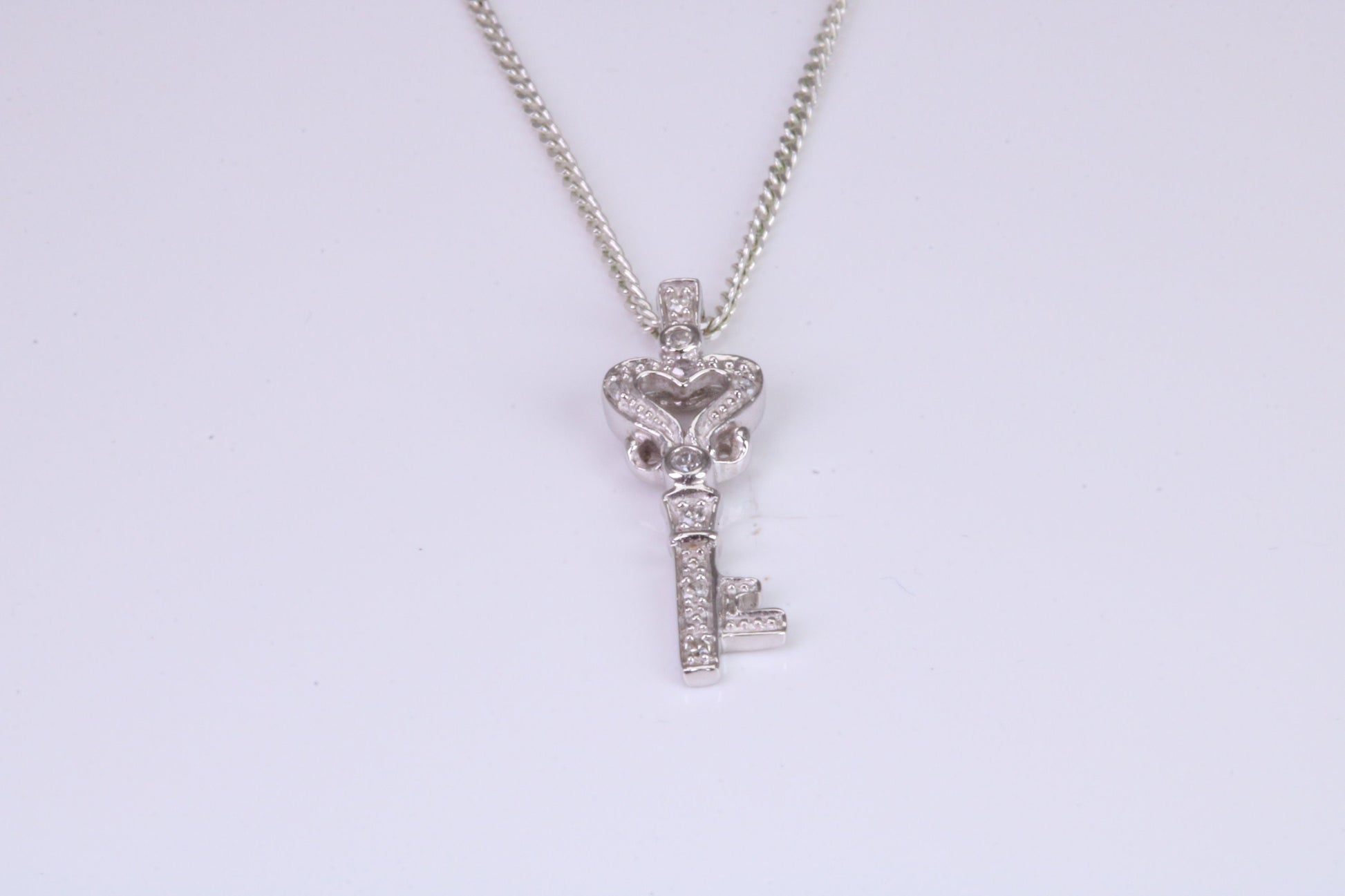 Natural Diamonds set Key Necklace, solid White Gold Pendant with 18 inch long Chain