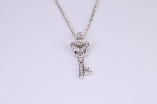 Natural Diamonds set Key Necklace, solid White Gold Pendant with 18 inch long Chain