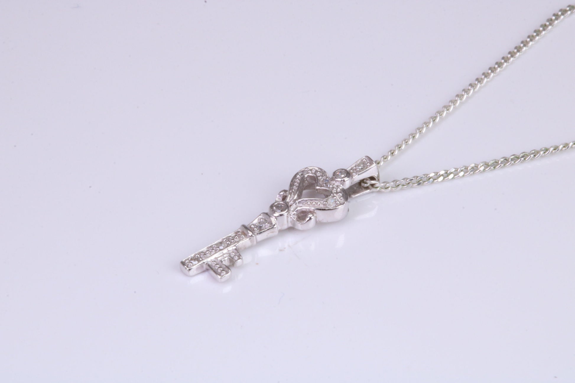 Natural Diamonds set Key Necklace, solid White Gold Pendant with 18 inch long Chain
