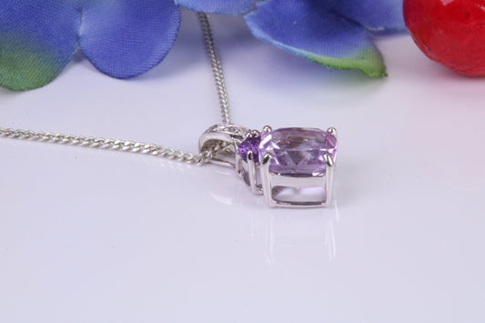 Natural Amethyst and Diamonds set Necklace, solid White Gold Pendant with 18 inch long Chain