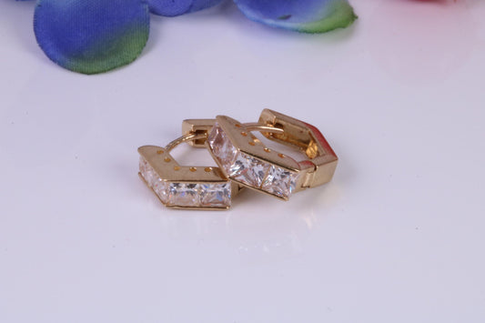 4 mm Wide Gold Hoop Earrings, C Z set and made from 9ct Yellow Gold, Diamond and Gold Look, British Hallmarked