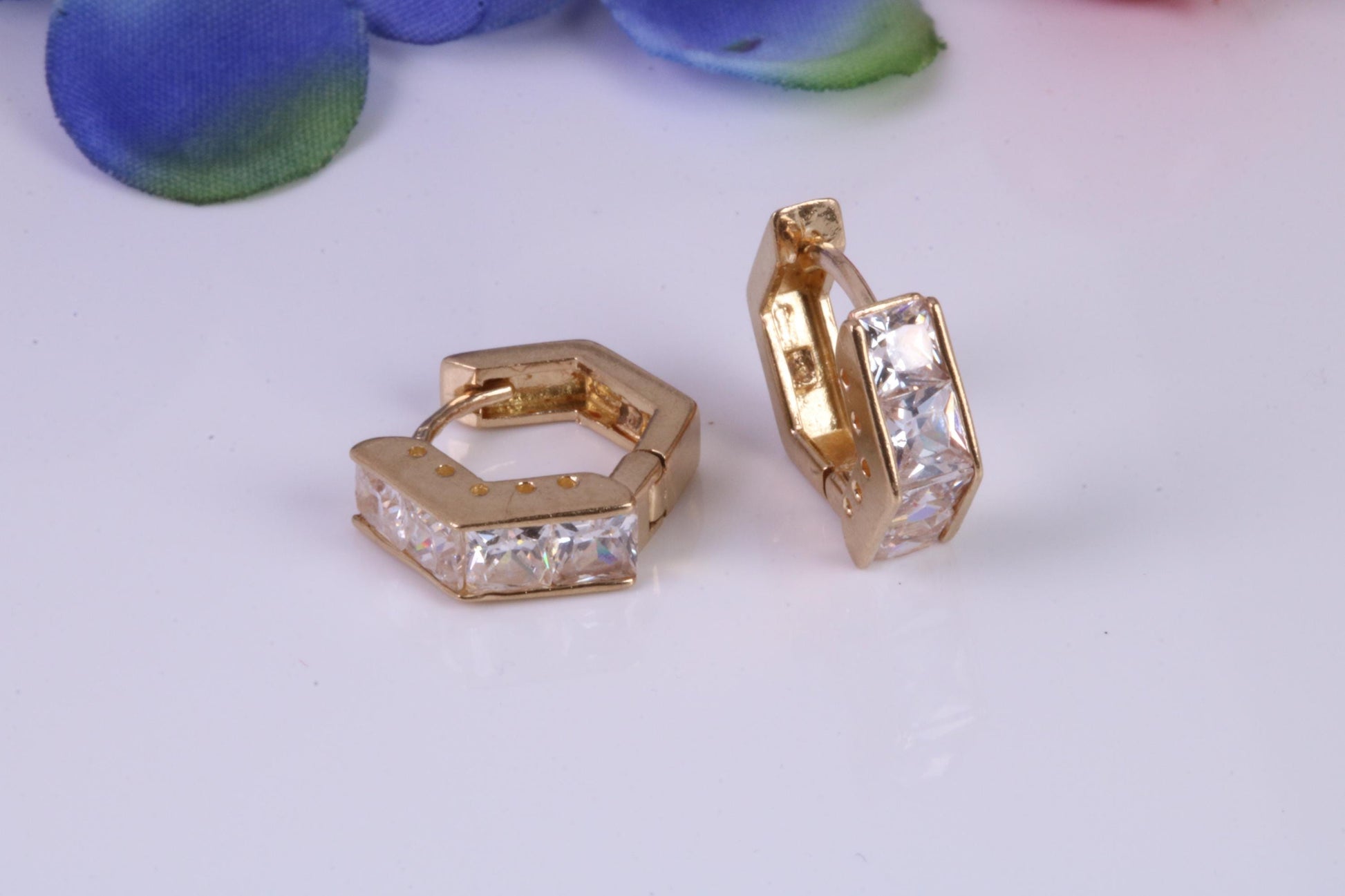 4 mm Wide Gold Hoop Earrings, C Z set and made from 9ct Yellow Gold, Diamond and Gold Look, British Hallmarked