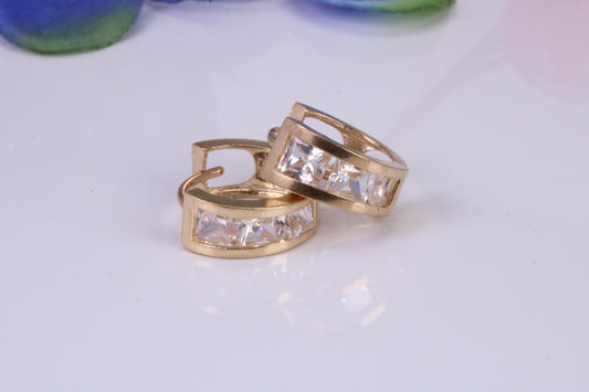 12 mm Round Gold Hoop Earrings, C Z set and made from 9ct Yellow Gold, Diamond and Gold Look, British Hallmarked