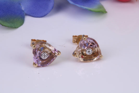 Amethyst and Diamond set Stud Earrings, Made from Solid 10ct Yellow Gold