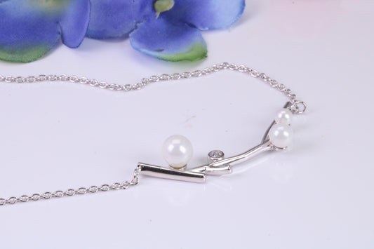 Pearl and C Z set Necklace, With Length Adjustable Chain, Made from solid Sterling Silver