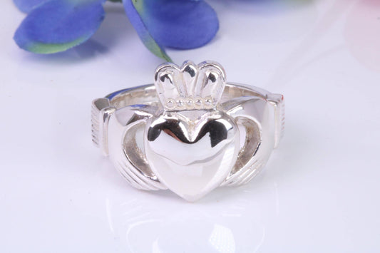 Large and heavy Claddagh ring, made from solid cast silver, British hallmarked