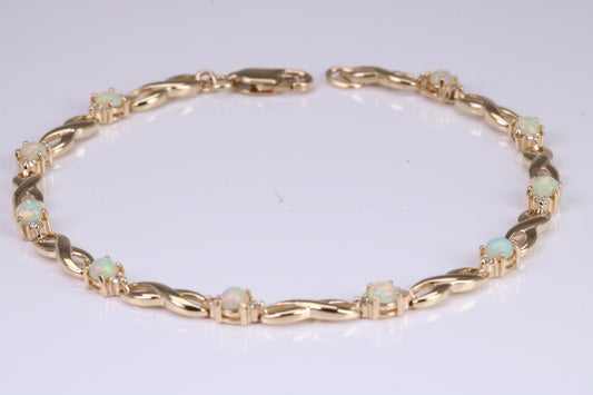 Natural Opal and Diamond set Bracelet, Made From Solid Yellow Gold, British Hallmarked, Luxury Gift Boxed