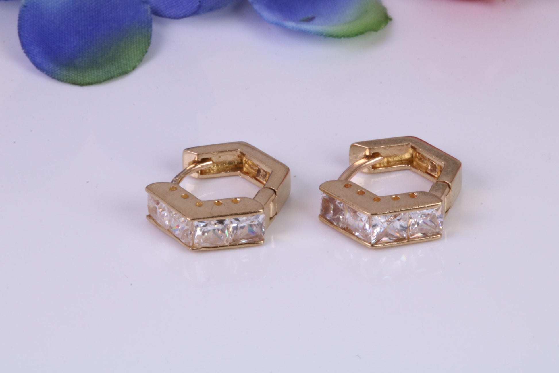 4 mm Wide Gold Hoop Earrings, C Z set and made from 9ct Yellow Gold, Diamond and Gold Look, British Hallmarked