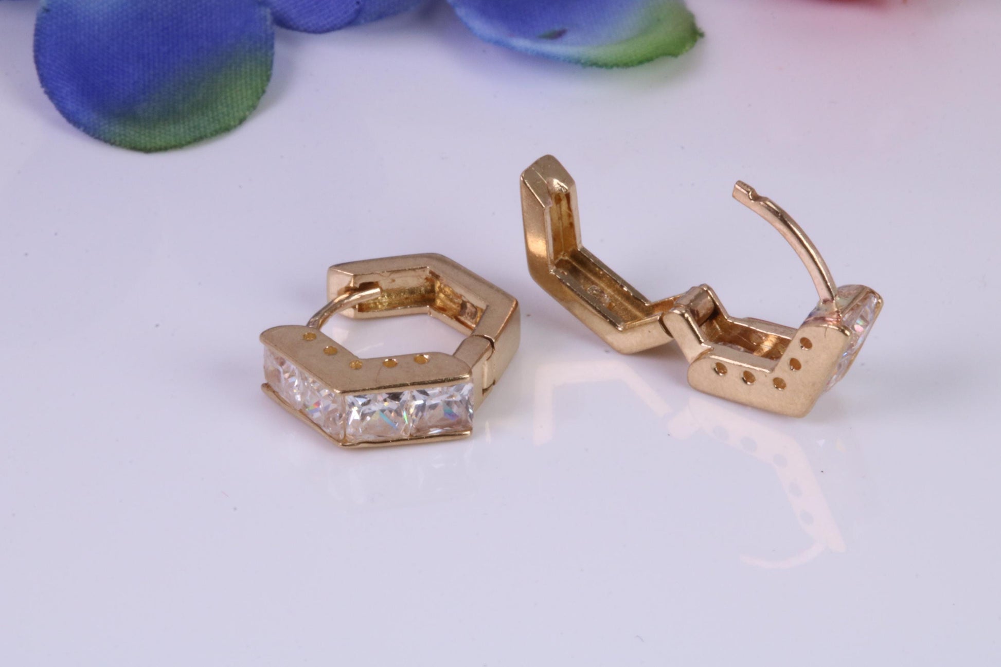 4 mm Wide Gold Hoop Earrings, C Z set and made from 9ct Yellow Gold, Diamond and Gold Look, British Hallmarked