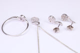 Natural Diamonds set Stud Earrings with matching Necklace and Ring, Made from Solid White Gold, With 16 Inch Long Chain