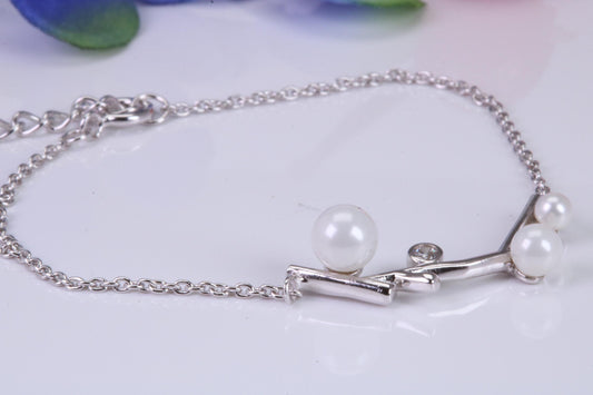 Pearl and C Z set Bracelet, With Length Adjustable Chain, Made from solid Sterling Silver
